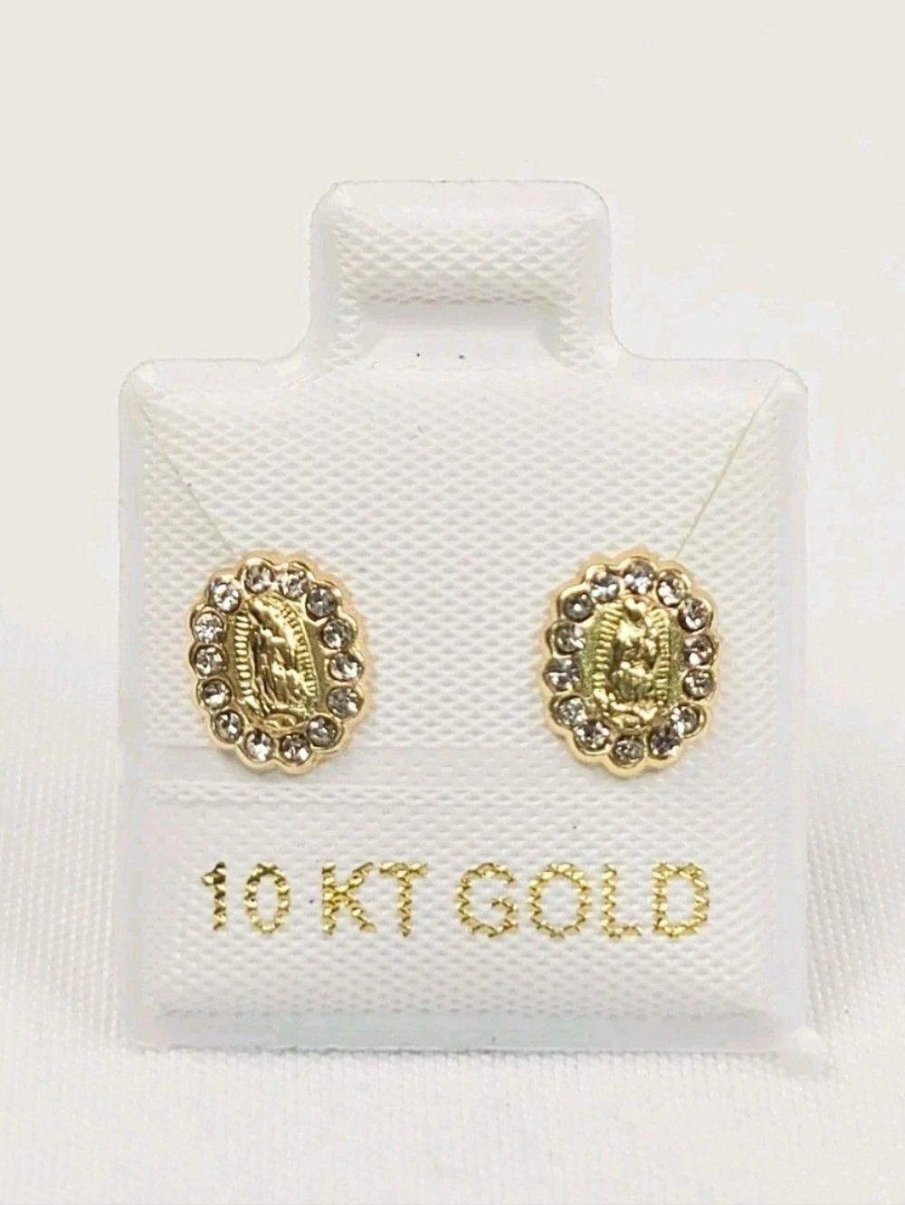 10K Solid Gold Virgen de Guadalupe CZ Stud Earrings Screw Back 8mm Womens